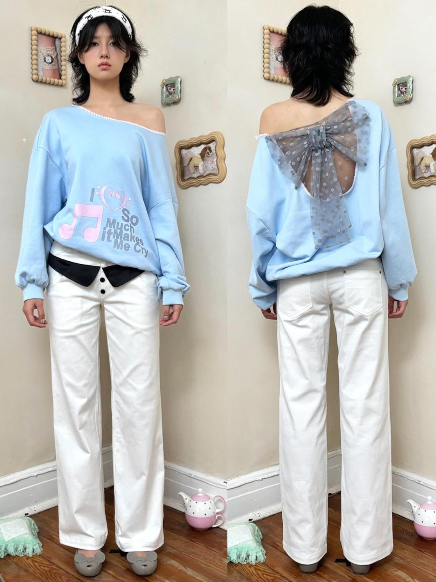 nit alcove Pure Cotton Relaxed Fit Asymmetric Neck Pullover Women Light Blue Sweatshirt
