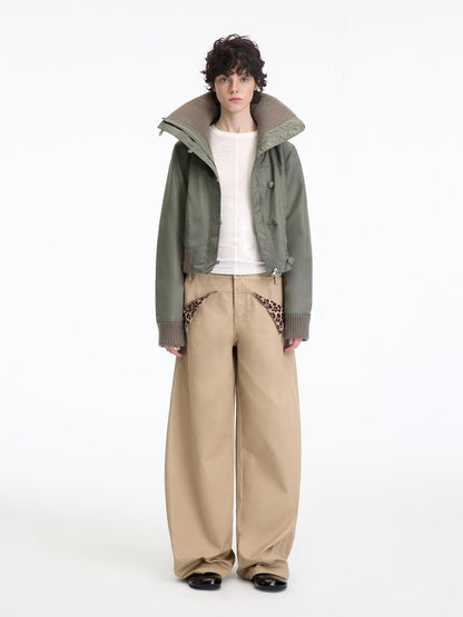 RUN TO THE FUTURE Leopard Patchwork Casual Loose Straight Leg Mid Rise Zip Fly Cotton Khaki Chinos