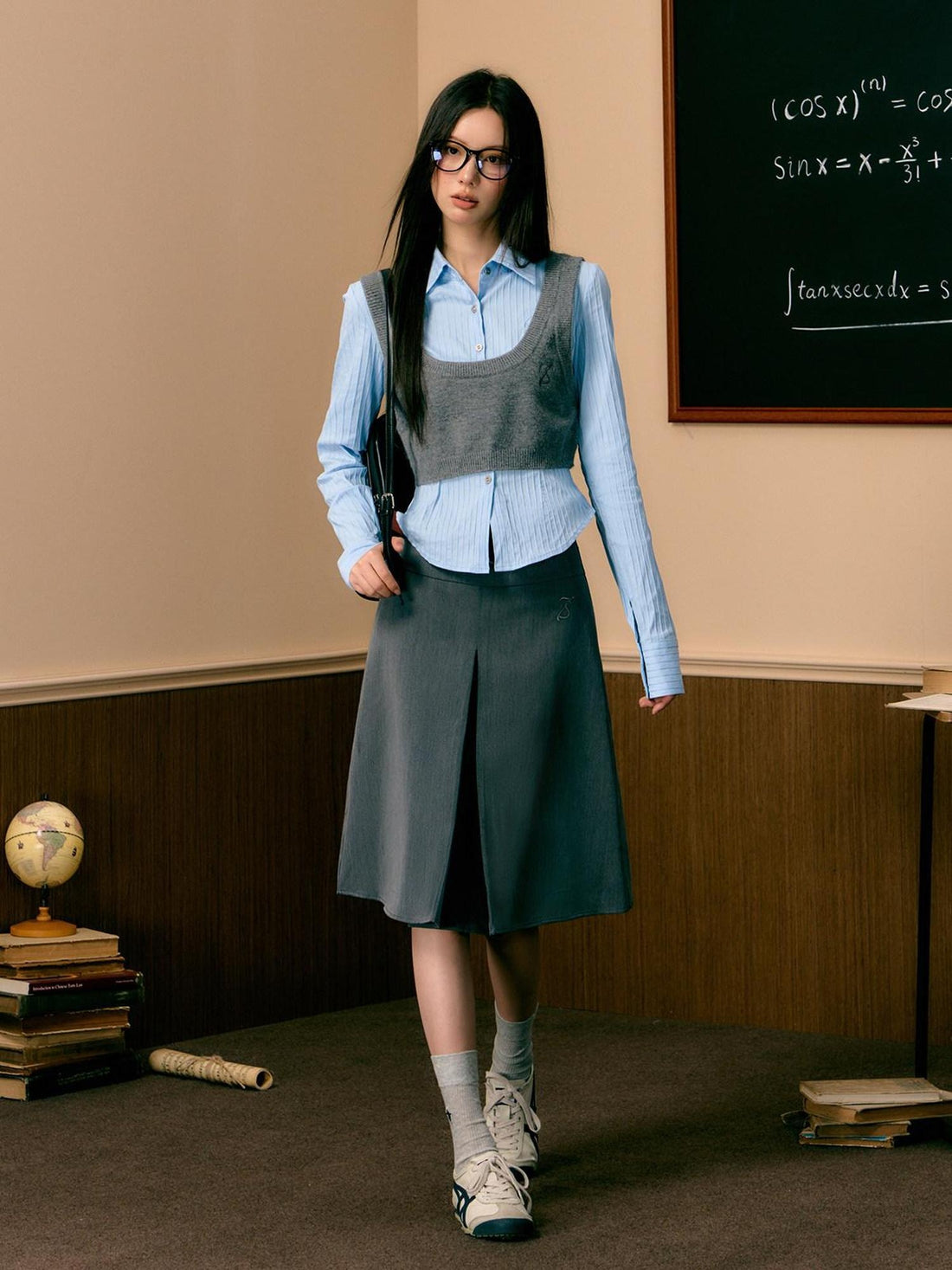 7Shiftin High Waist A Line Button Detail Workwear Grey Office Midi Skirts