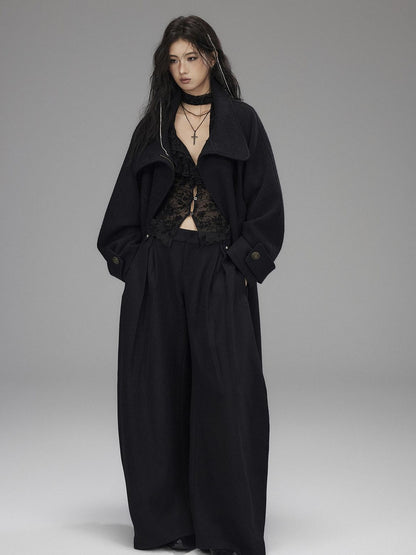 Low pixel Thick Wool Blend Oversized Streetwear European Long Zip Lapel Black Wool Coats