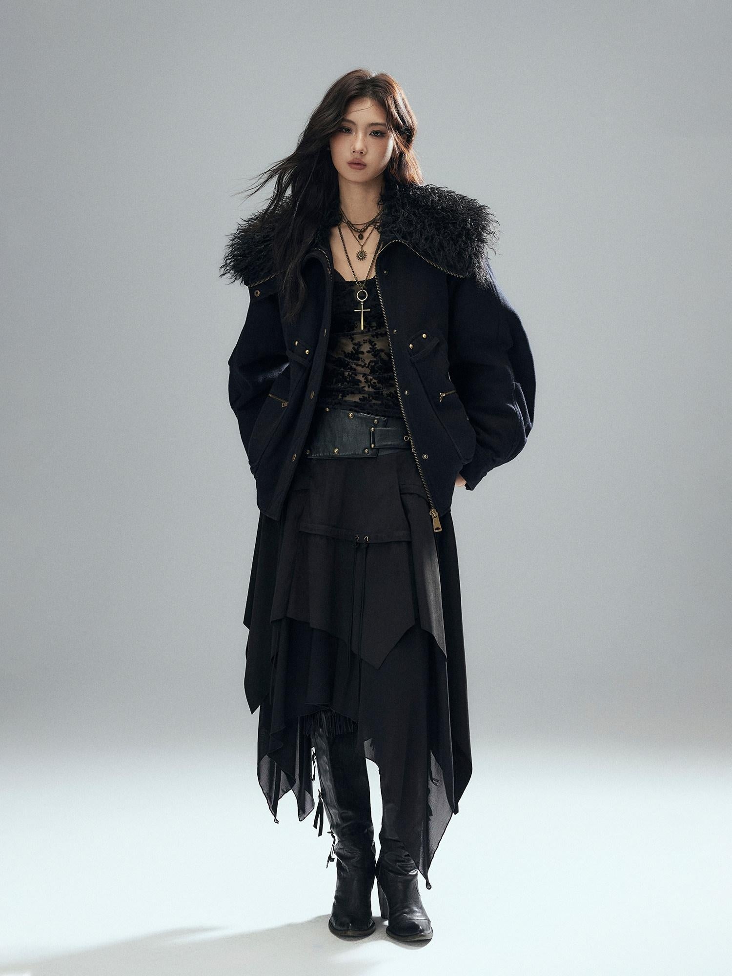 Low pixel Sexy Low Waist Asymmetrical A Line Zipper Black Woven Polyester Midi Skirts