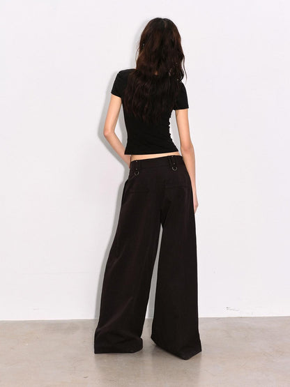 Low pixel Pleated Low Waist Relaxed Cotton Blend Black Women Wide Leg Pants