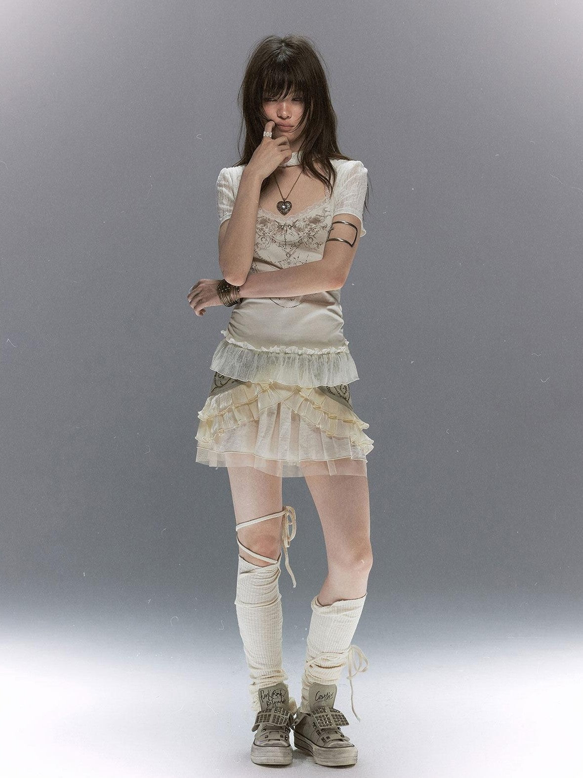 Cest Nous Butterfly Print Textured Lace Ruffle Women&