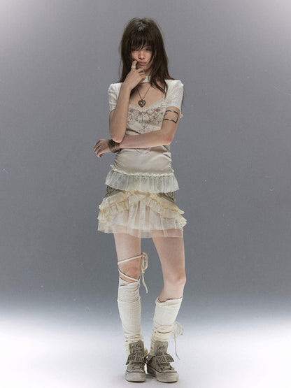 Cest Nous Butterfly Print Textured Lace Ruffle Women&