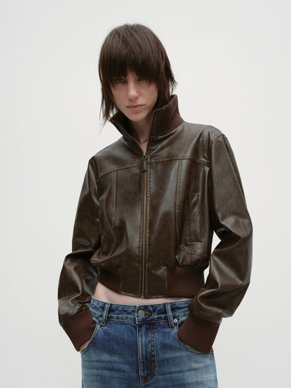 RUN_TO_THE_FUTURE_Brown_Patchwork_Stand_Collar_Zipper_Short_Straight_Fit_Commuter_Youth_Jackets_MISSTT
