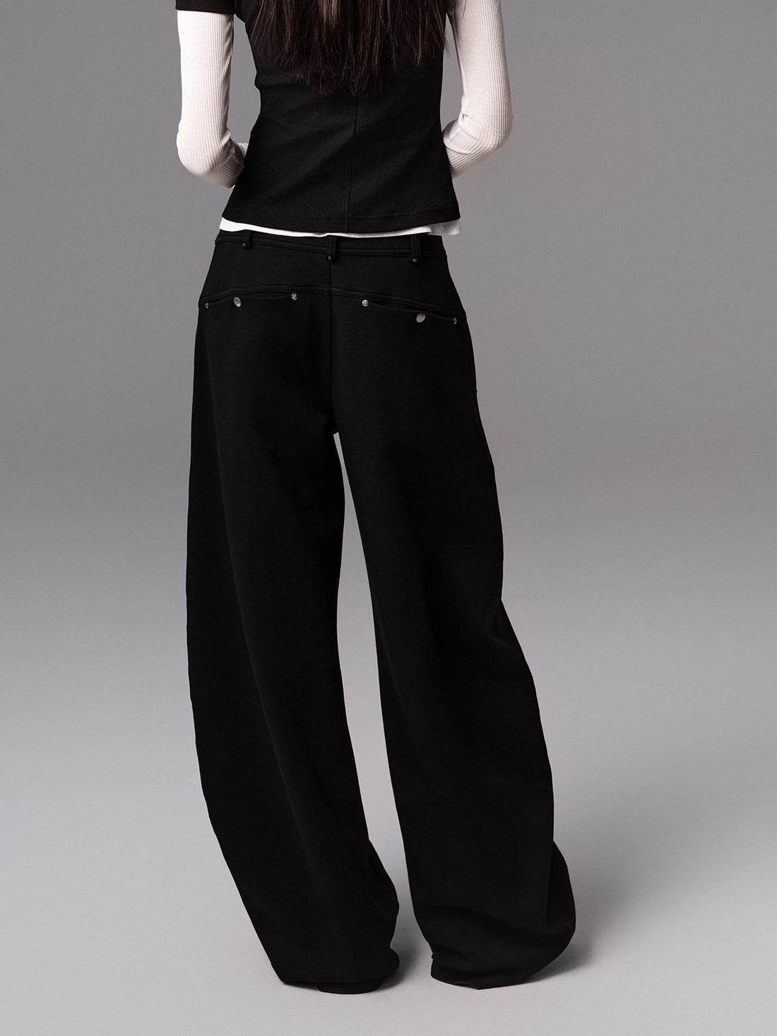 Low pixel Low Waist Dark Minimal Curved Button Fly Black Women Rayon Wide Leg Pants