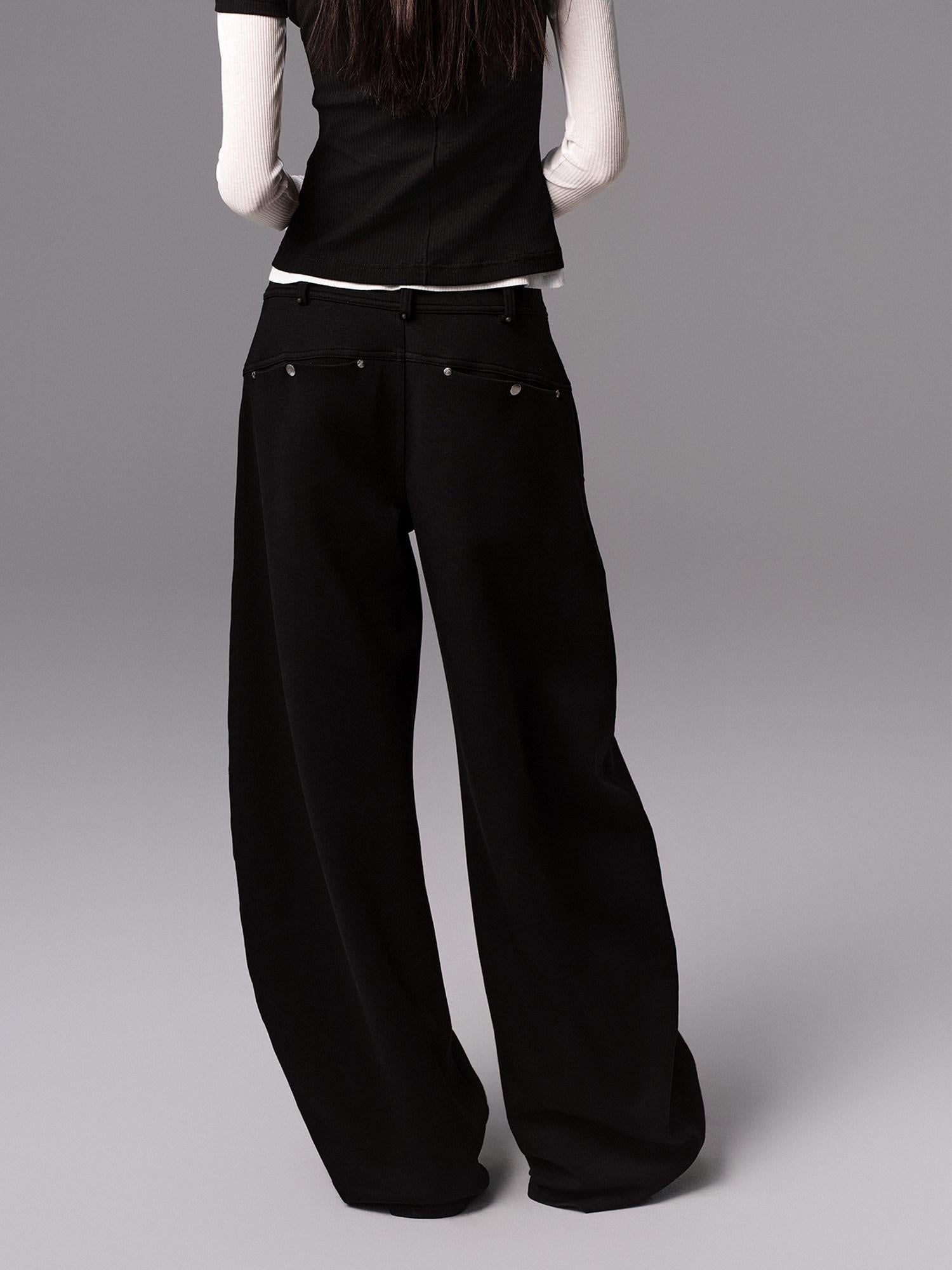 Low pixel Low Waist Dark Minimal Curved Button Fly Black Women Rayon Wide Leg Pants