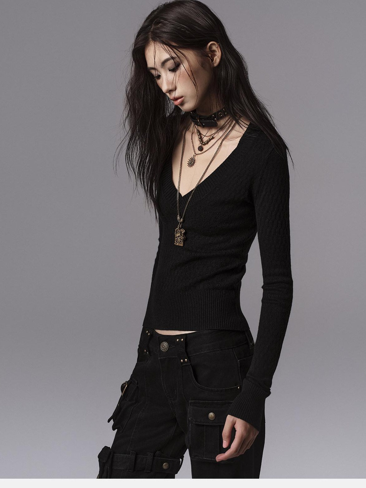 Low pixel Waist Cinched Gothic Slim V-neck Black Women Pullover Cropped Jackets