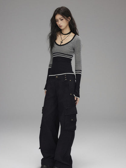 Low pixel Soft Acrylic Slim V-neck Striped Casual Women Everyday Long Sleeve T-Shirts