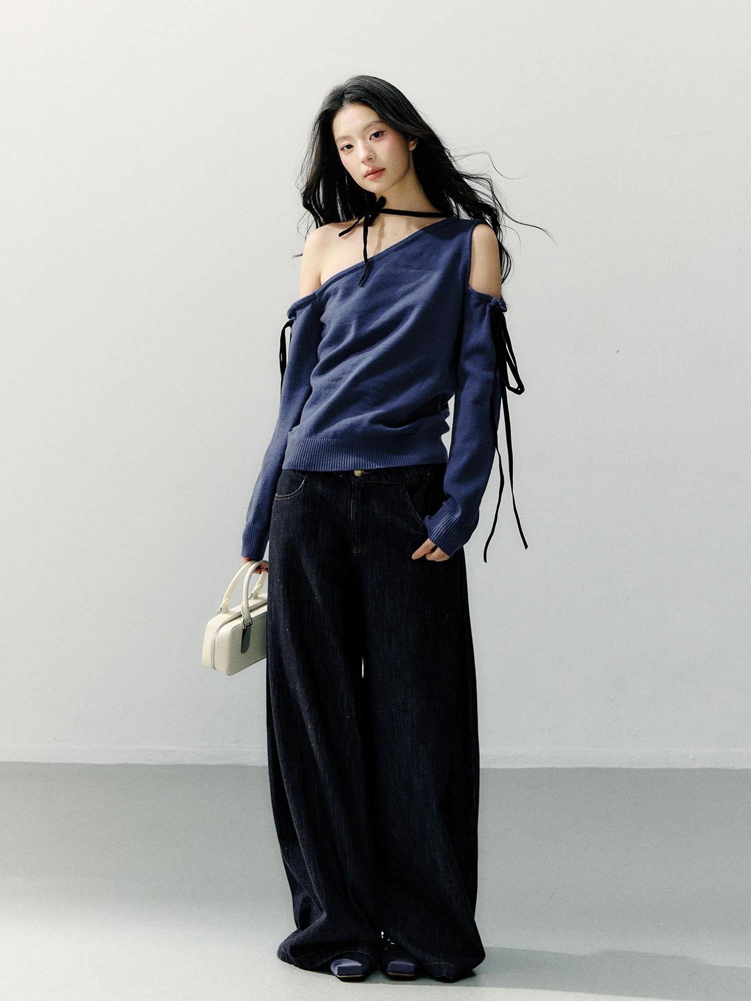 7Shiftin Cozy Casual Loose Backless Women Knit Pullover Blue Long Sleeve Sweaters