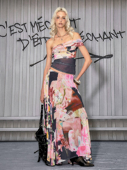 The NeverMore Light Stretch Printed Pink Side Zipper A Line Loose Fit Mid Waist Maxi Skirts