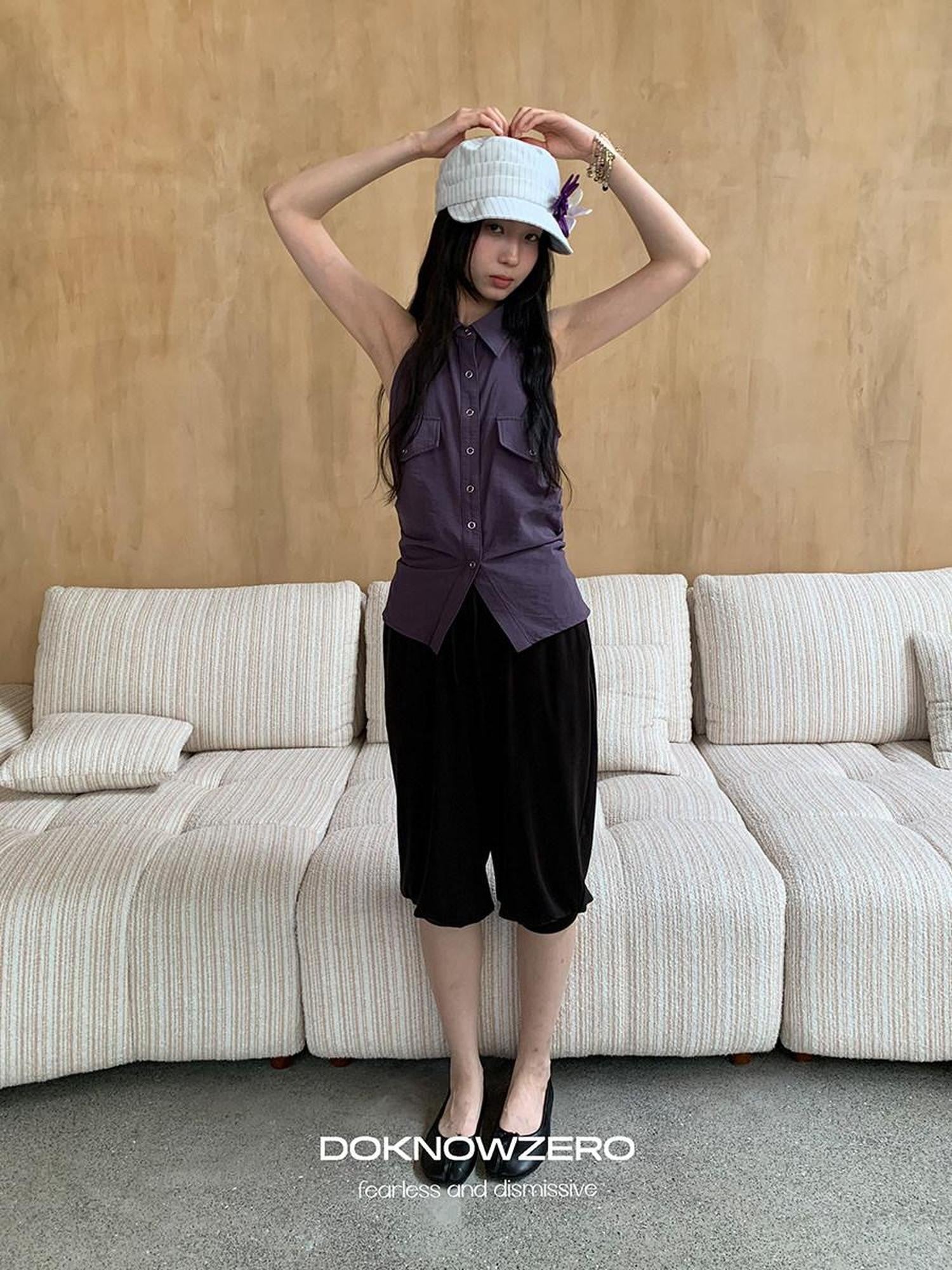 DKZ OFFICIAL Purple Halter Neck Shirt Style Lapel Collar Tie Waist Women&