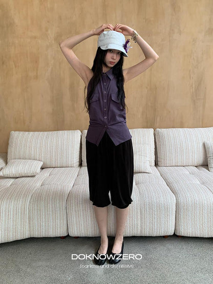 DKZ OFFICIAL Purple Halter Neck Shirt Style Lapel Collar Tie Waist Women&
