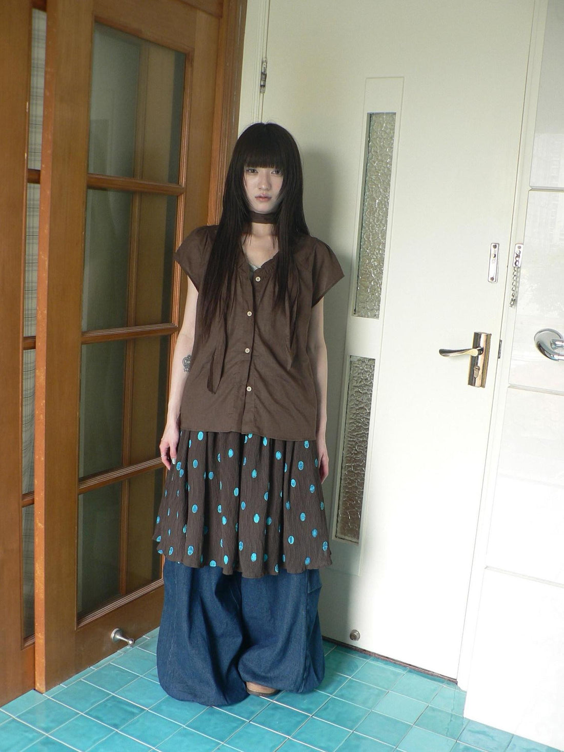 ang project Deep Blue Vintage Pleated Elastic Waist Loose Fit Women&