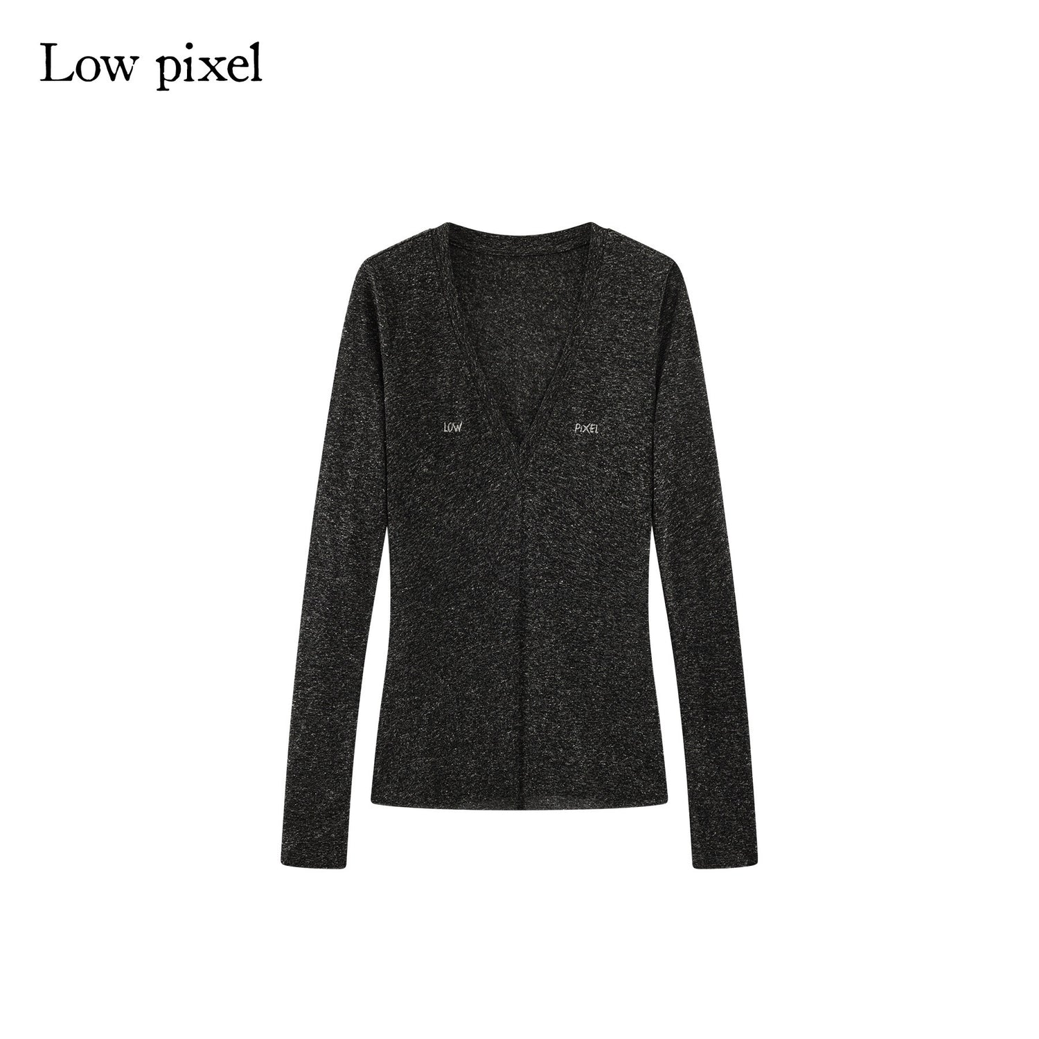 Low pixel Linen Blend Printed Slim Fit V-neck Women Black Long Sleeve T-Shirts