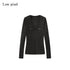 Low pixel Linen Blend Printed Slim Fit V-neck Women Black Long Sleeve T-Shirts