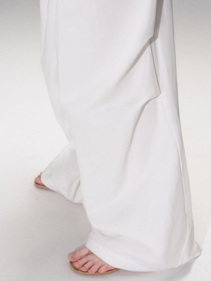 The NeverMore Cotton Blend Vintage Curved Cut Natural Waist Women White Wide Leg Pants
