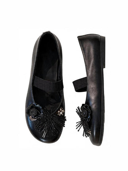 AnnoMundi Round Toe Black Floral Embellished One Strap Women&