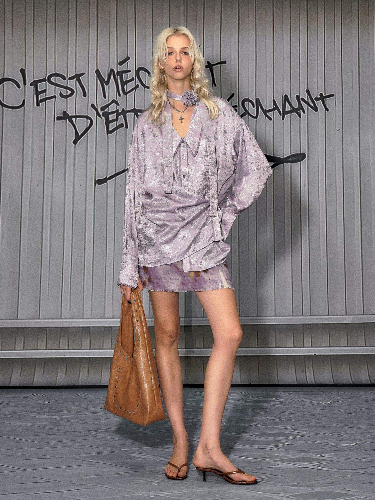 The NeverMore Sultry Purple Loose Fit Set In Sleeves Young Women Polyester Long Sleeve Blouses