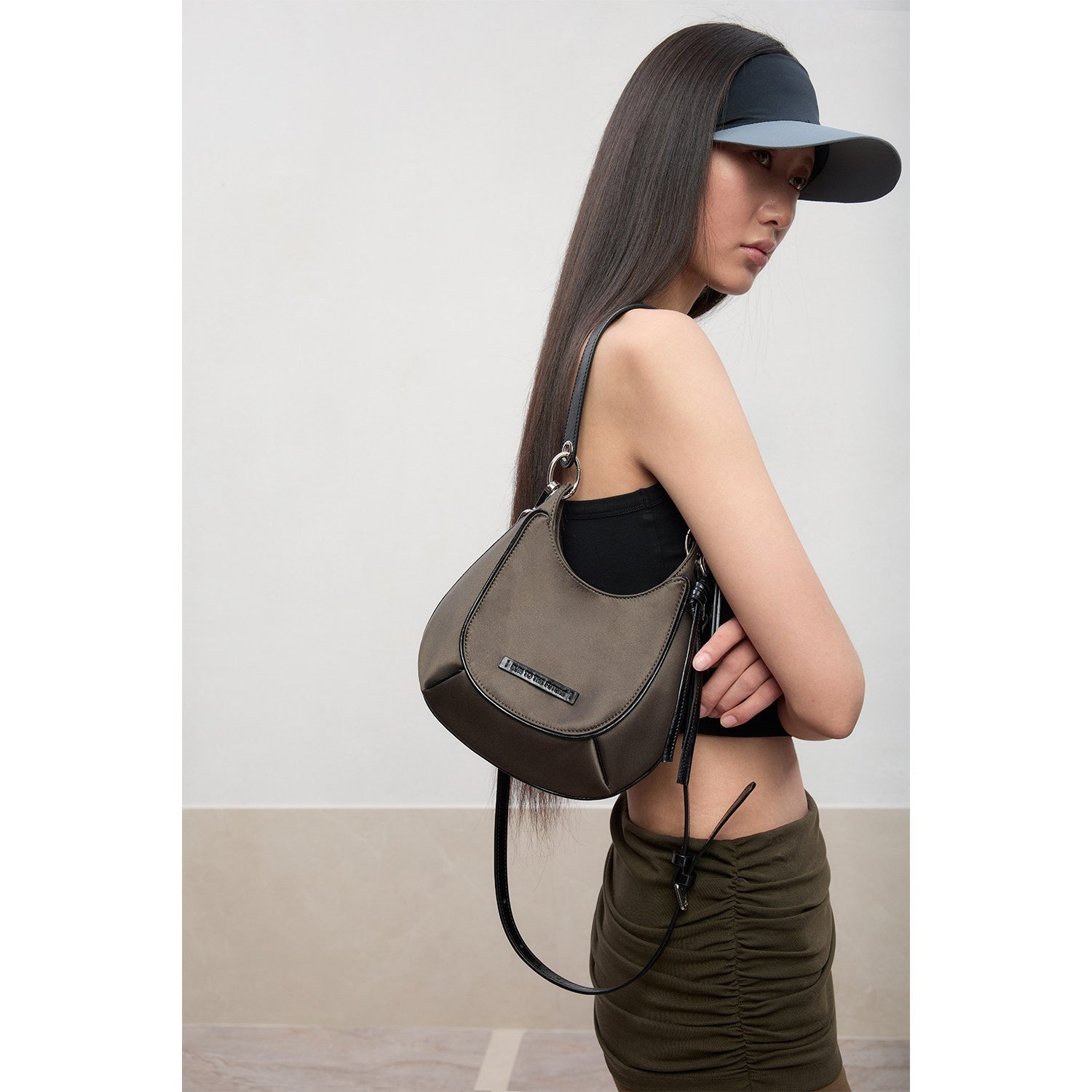 RUN TO THE FUTURE Stitch Detail Casual Twill Double Strap Unisex Dark Green Cross Body Bags