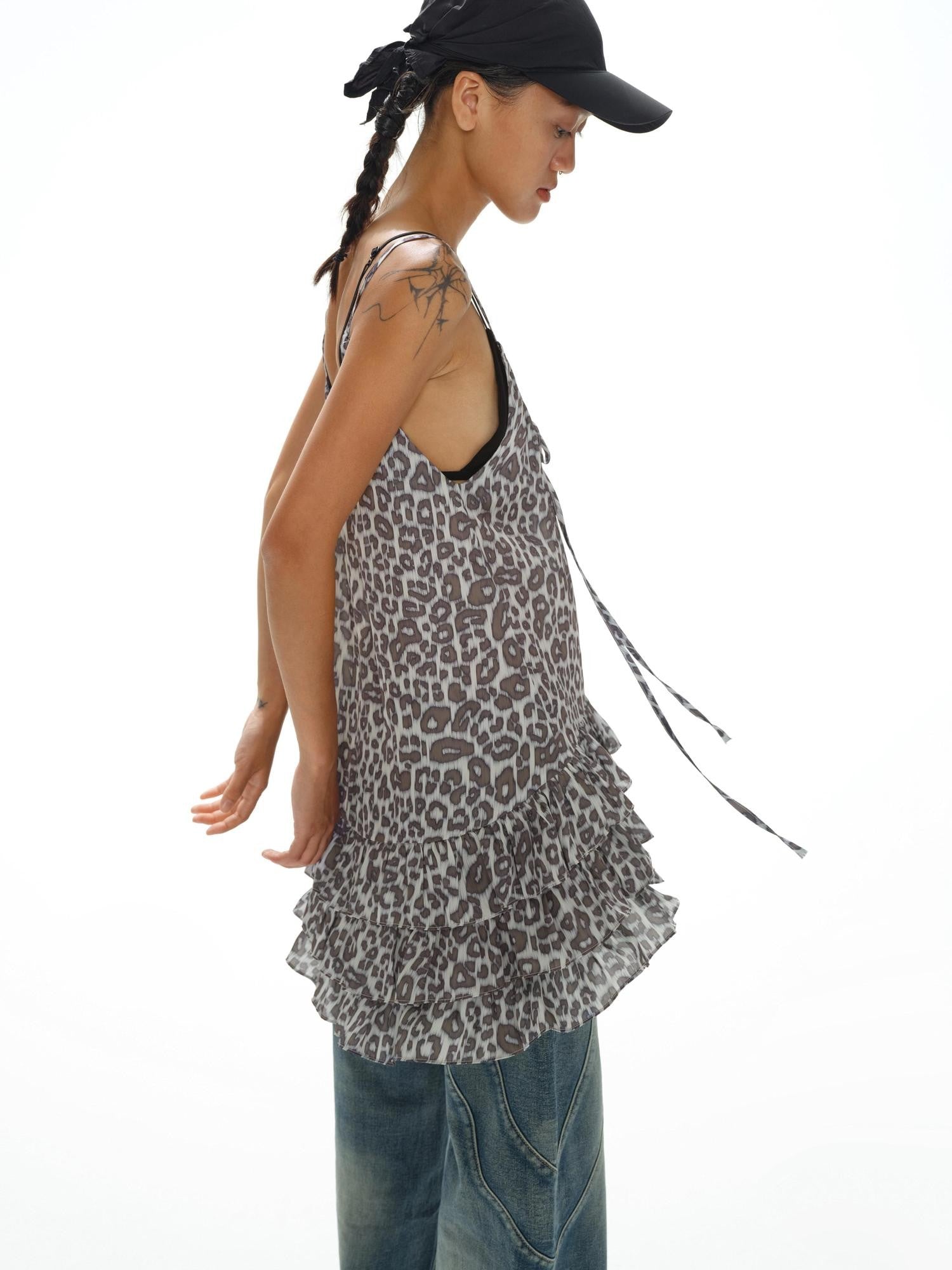 oinimi Leopard Print Ruffle Hem Adjustable Straps Women&