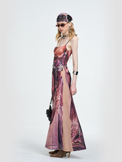 The NeverMore Sexy High Waist Jacquard Spaghetti Strap A Line Party Red Brown Maxi Dresses