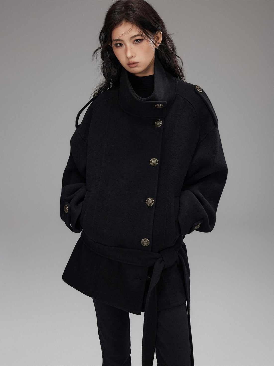 Low pixel Warm Oversized Street Midlength Notch Lapel Wool Cashmere Black Wool Coats