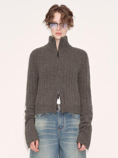 RUN TO THE FUTURE Acrylic Wool Blend Slim Zip High Neck Office Cropped Olive Cardigans