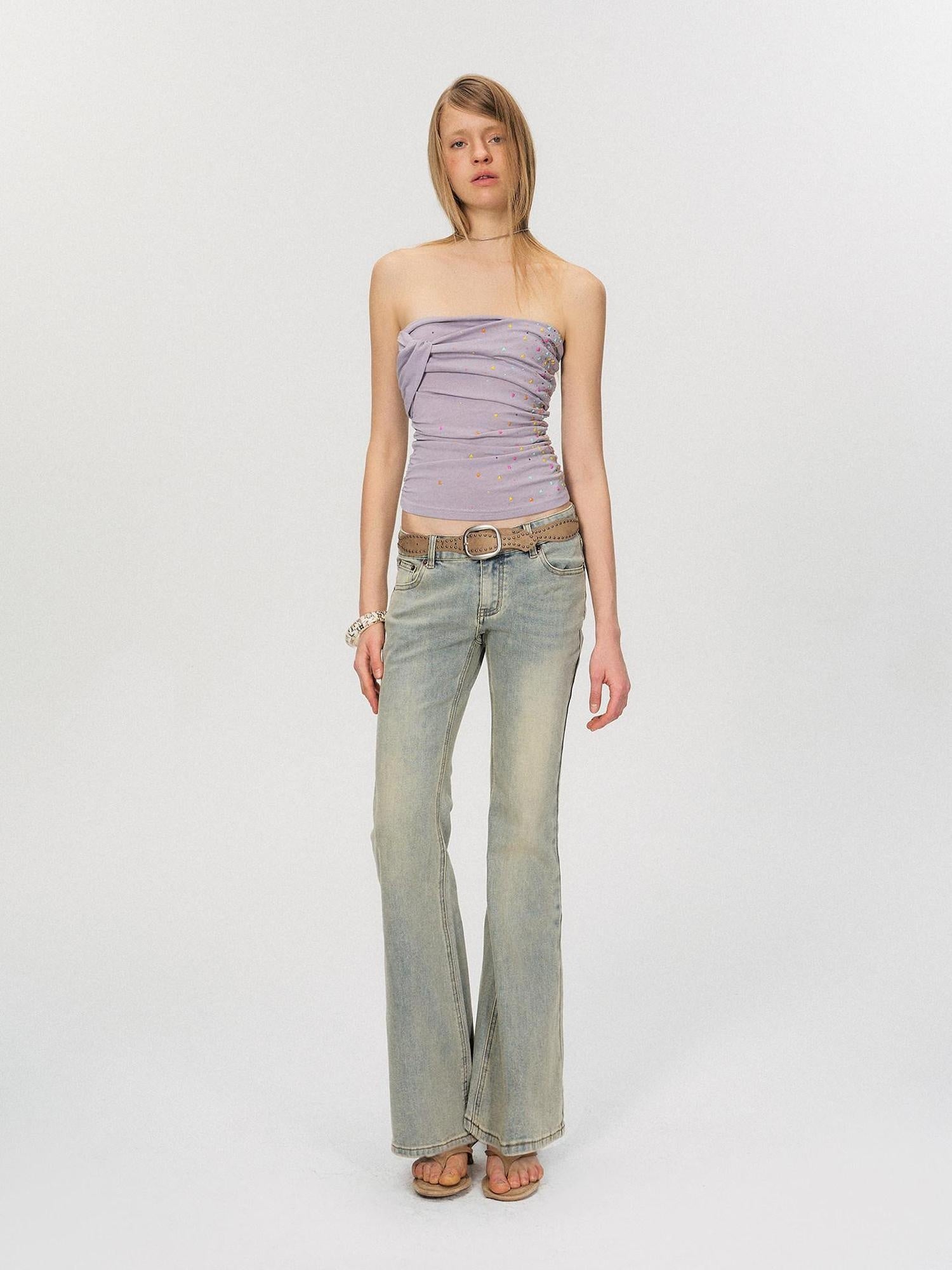 The NeverMore Washed Micro Flare Low Rise Micro Stretch Cotton Blue Green Straight Leg Jeans