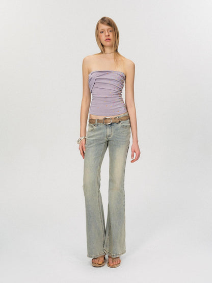 The NeverMore Washed Micro Flare Low Rise Micro Stretch Cotton Blue Green Straight Leg Jeans