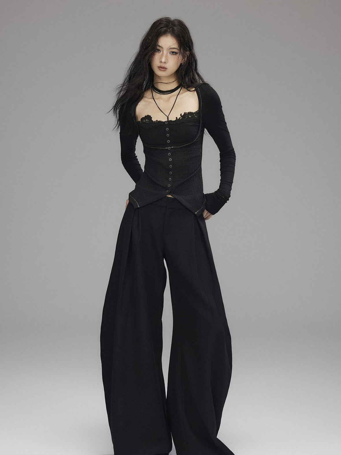 Low pixel Black Wool Blend Low Rise Zipper Casual Straight Hem Women Wide Leg Pants