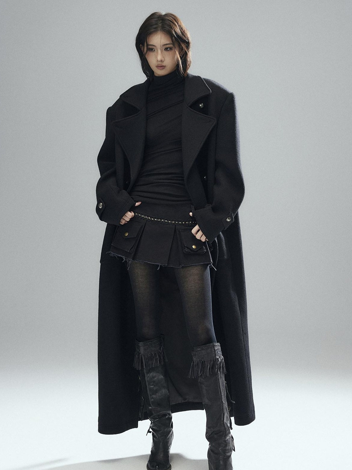 Low pixel Warm Wool Blend Street Oversized Double Breasted Notch Collar Black Wool Coats