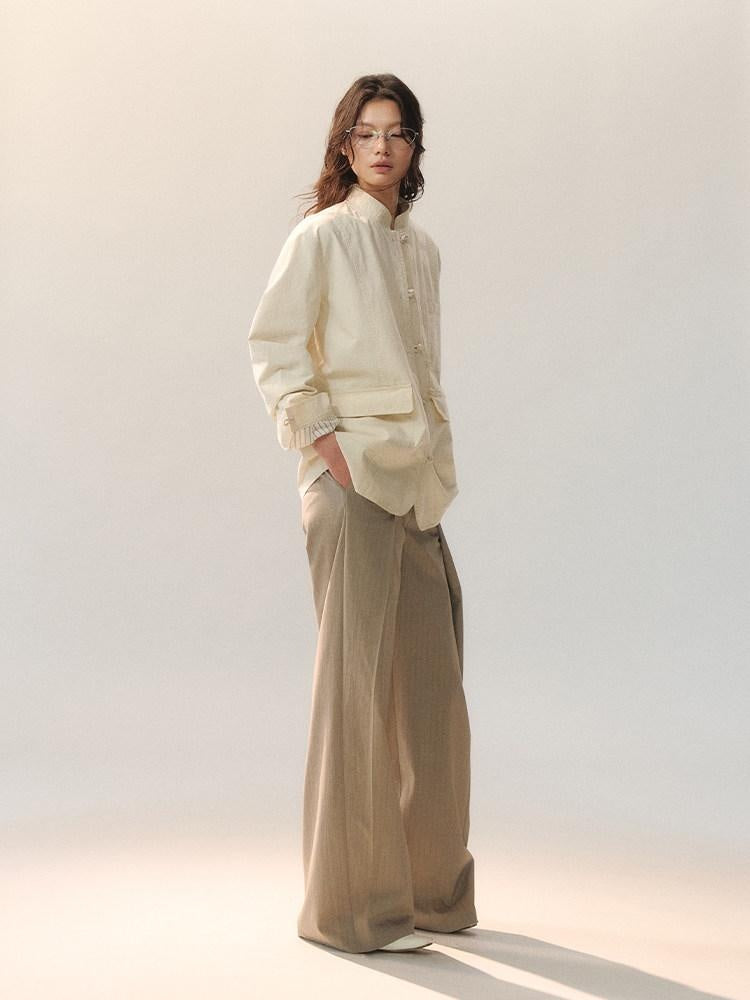 AnnoMundi 100 Percent Cotton Chinese Loose Fit Women Casual Beige Overshirts