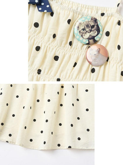 OuttheBlue Soft Cotton Loose Fit Polka Dot Spaghetti Strap Beige Slip Mini Dresses