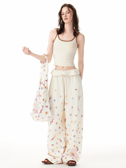 OuttheBlue Cute Cat Floral Print Sweet Natural Waist Long Polyester Women Straight Pants