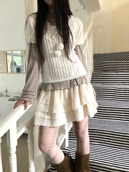 ang project Light Apricot Lace Spliced Embroidered High Waist Elastic A Line Women&