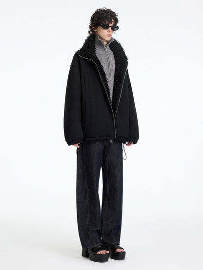 RUN TO THE FUTURE Reversible Fleece Lined Loose Fit Long Vintage Black Womens Puffer Jackets