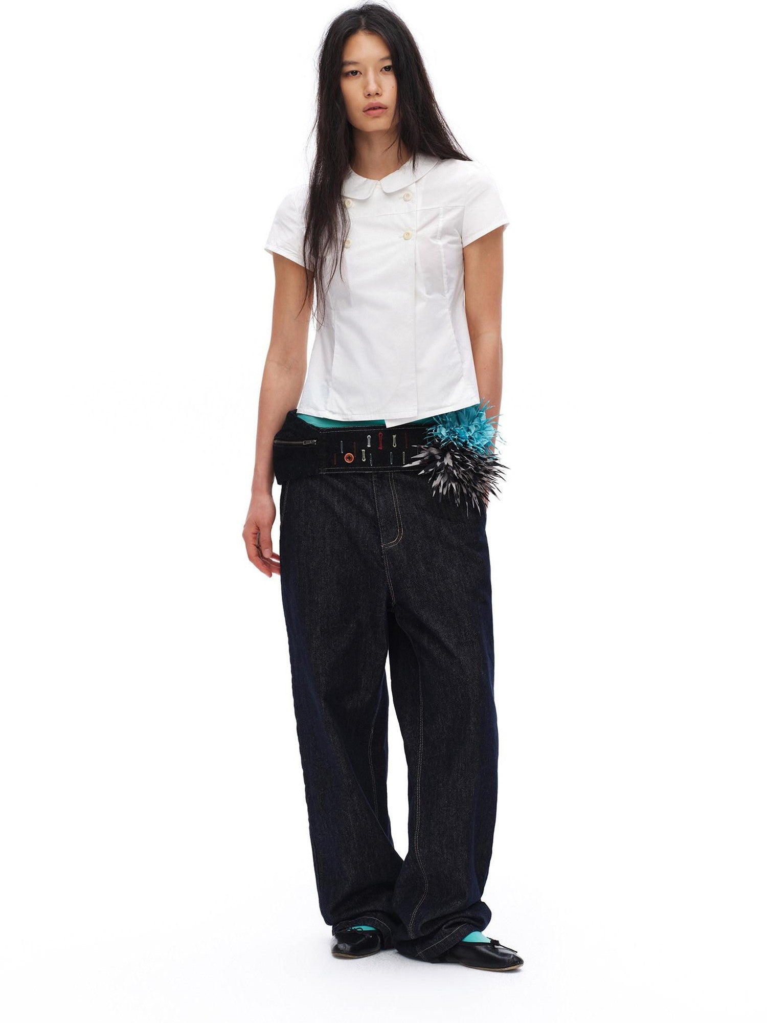 oinimi White Double Button Peter Pan Collar Slim Fit Short Sleeve Women&