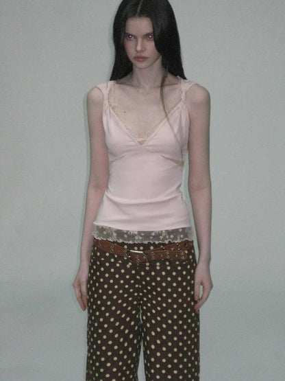 The NeverMore Soft Lace Slim Fit V-neck Stretch Cotton Tencel Women Pink Camisoles