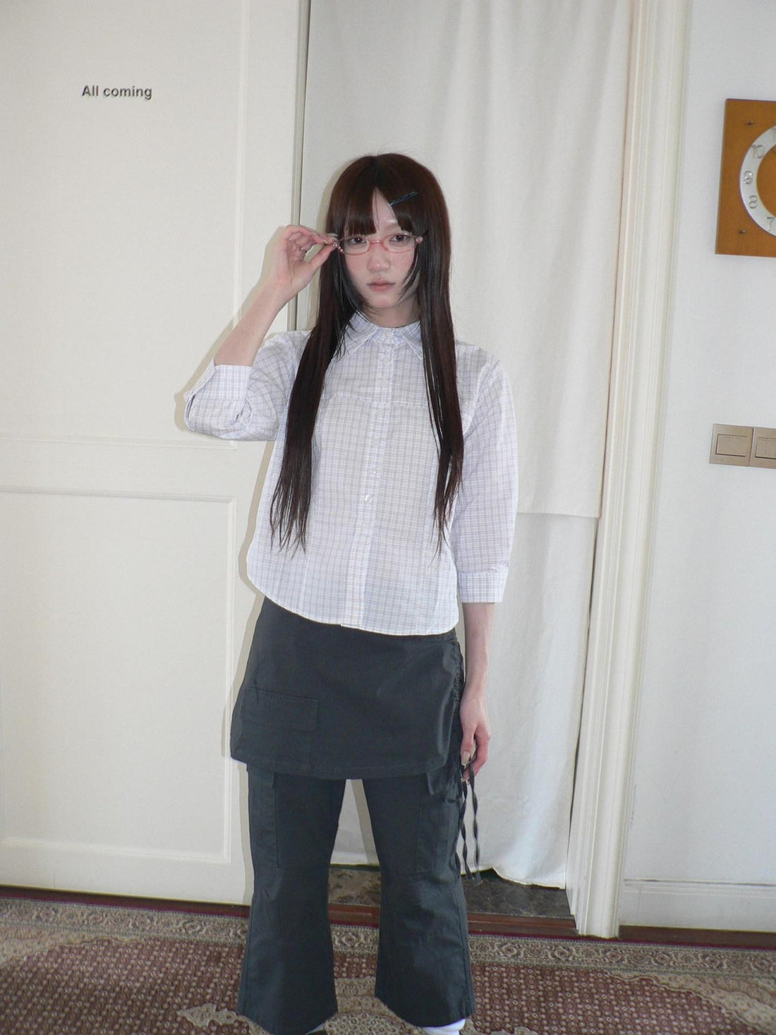 ang project White Check Print Collared Cropped Cinch Waist Women&