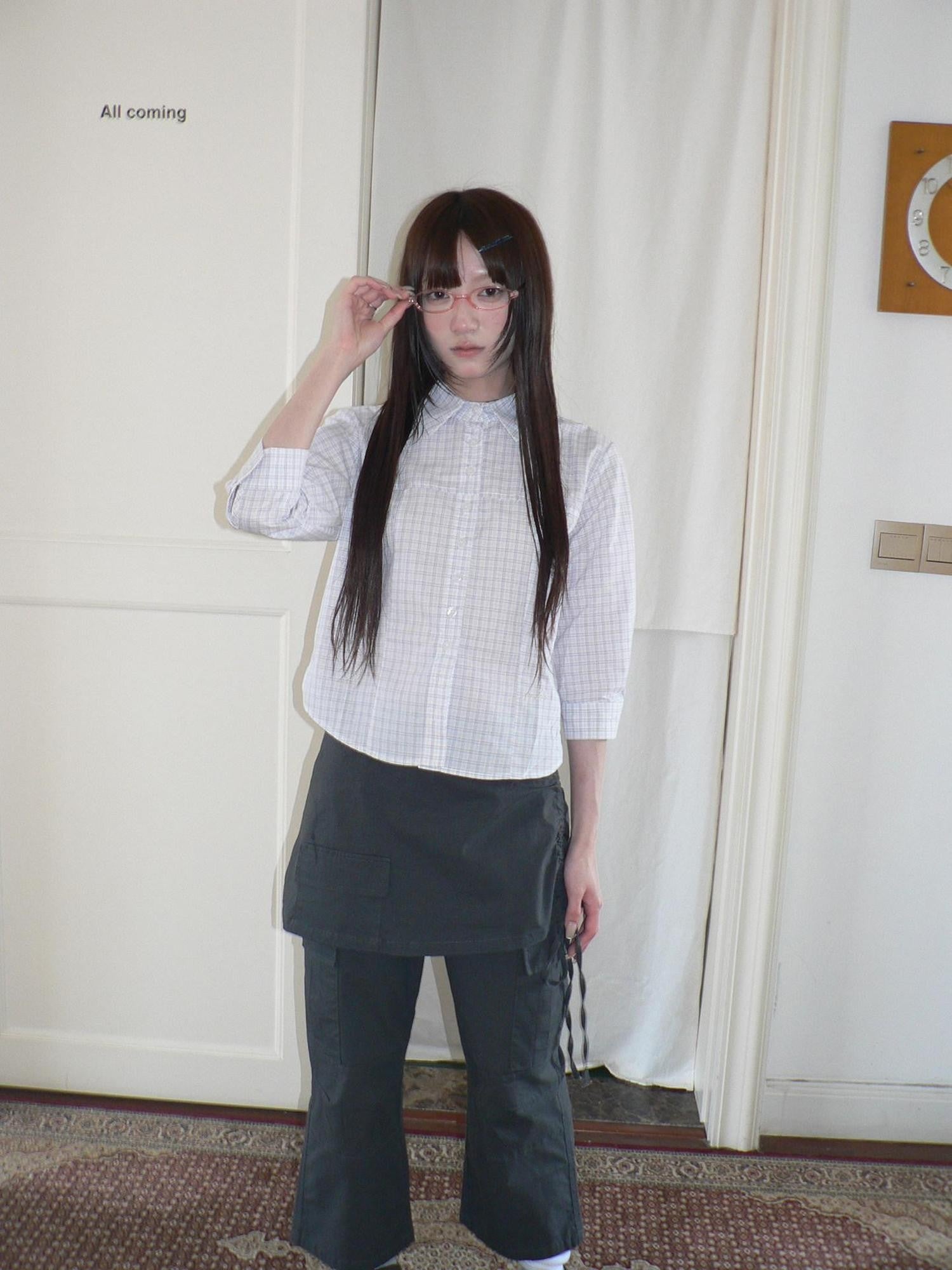 ang project White Check Print Collared Cropped Cinch Waist Women&