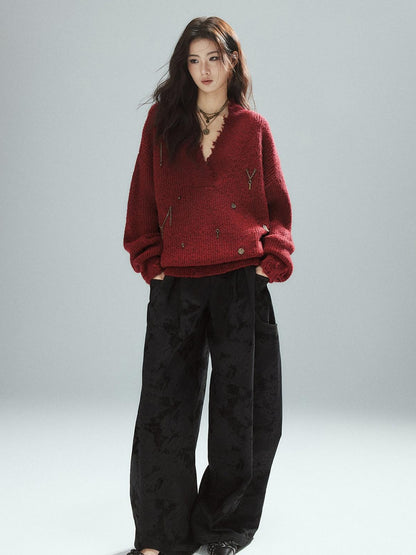 Low pixel Warm Oversized Street Raw Hem Women V-neck Red Pullover Sweaters