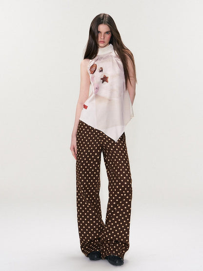 The NeverMore Cotton Polka Dot Vintage Natural Waist Casual Women Brown Straight Leg Jeans