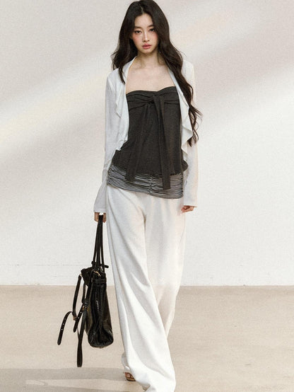 7Shiftin Two Piece V-neck Long Sleeve Casual Layered Set Women White Gray Blouses
