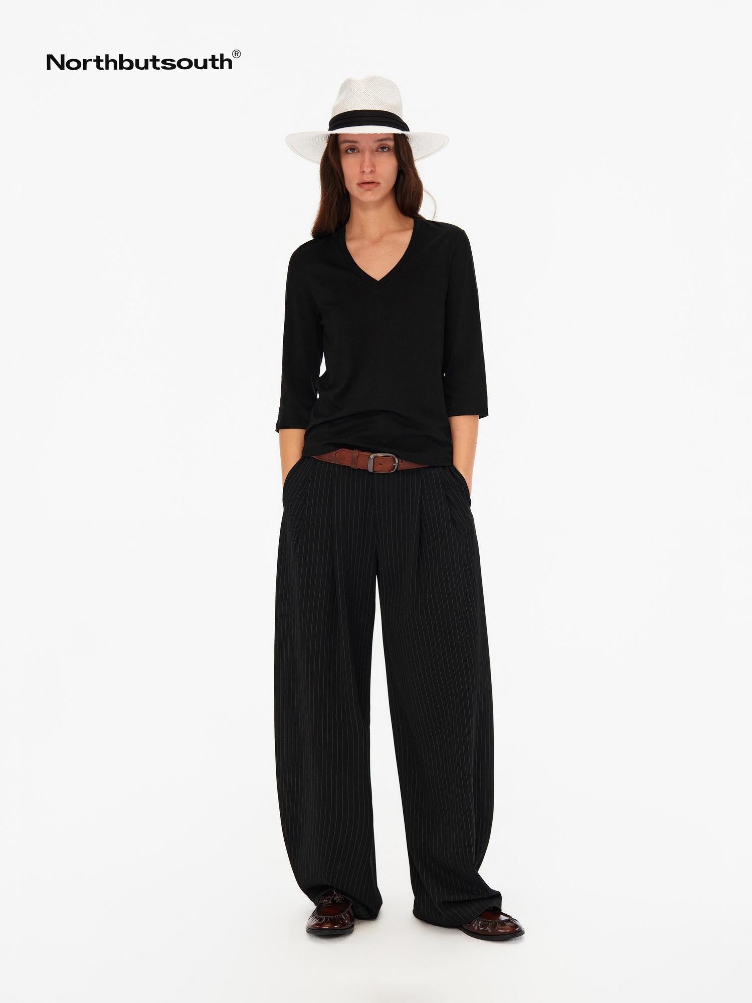Northbutsouth Vertical Stripe No Waistband Relaxed Mid Rise Curved Leg Women&