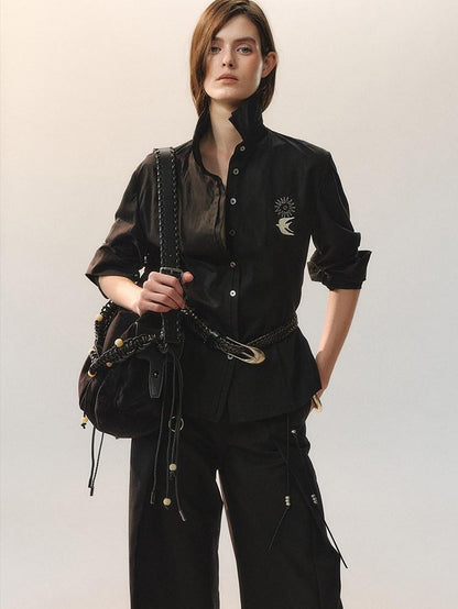 AnnoMundi Embroidered Lyocell Lace Slim Fit Double Collar Long Sleeve Women Black Blouses