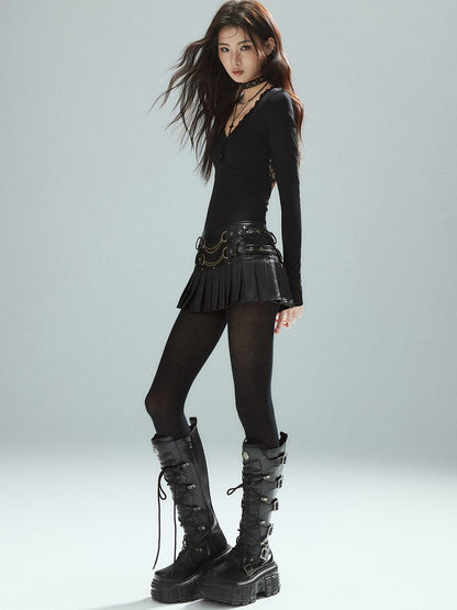 Low pixel Soft Lyocell Stretch Slim Urban Panel V-neck Black Long Sleeve Crop Tops