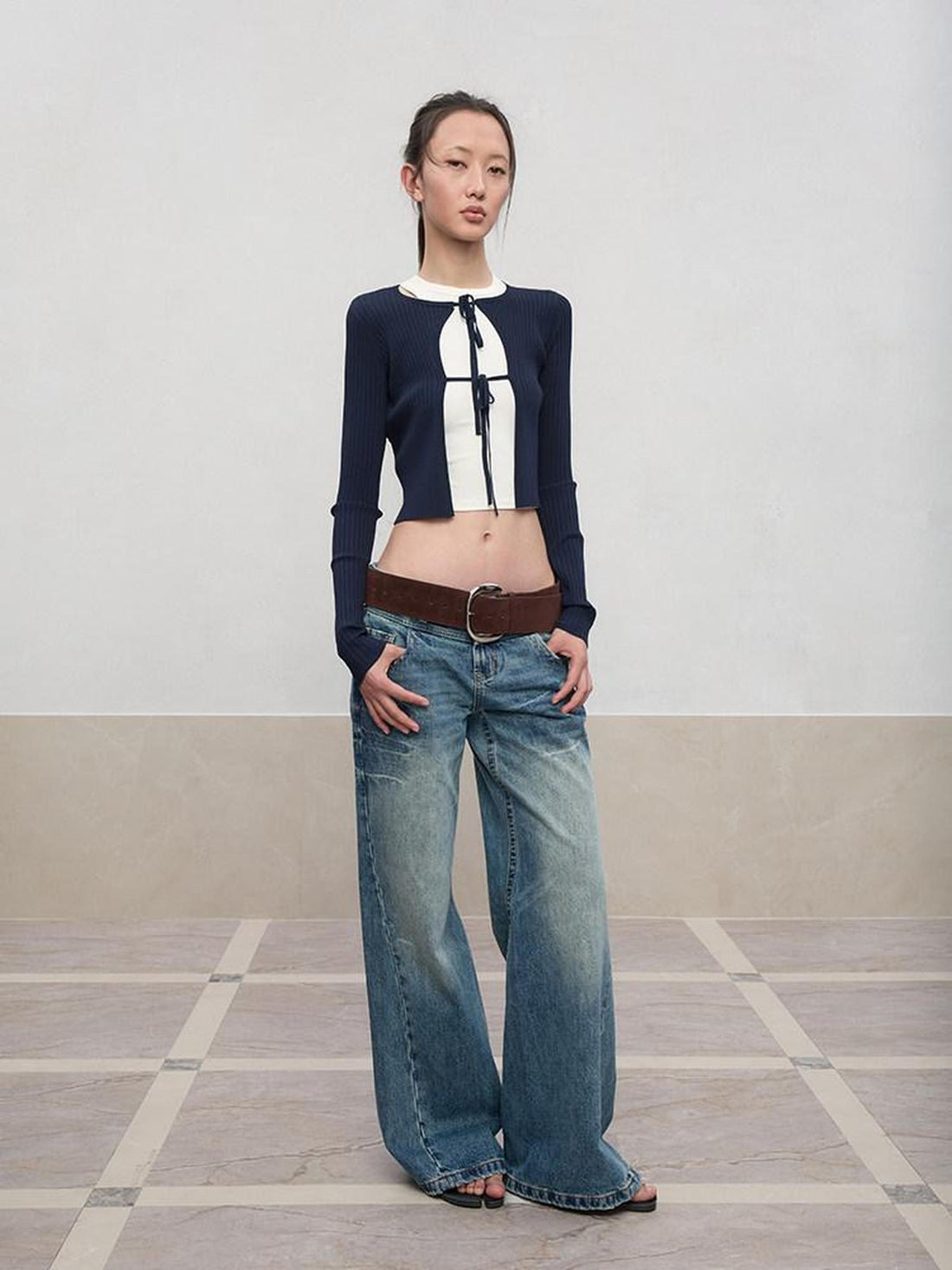 RUN TO THE FUTURE Tie Front Slim Fit Knit Bell Sleeve Cardigan Office Solid T Shirt Crop Tops