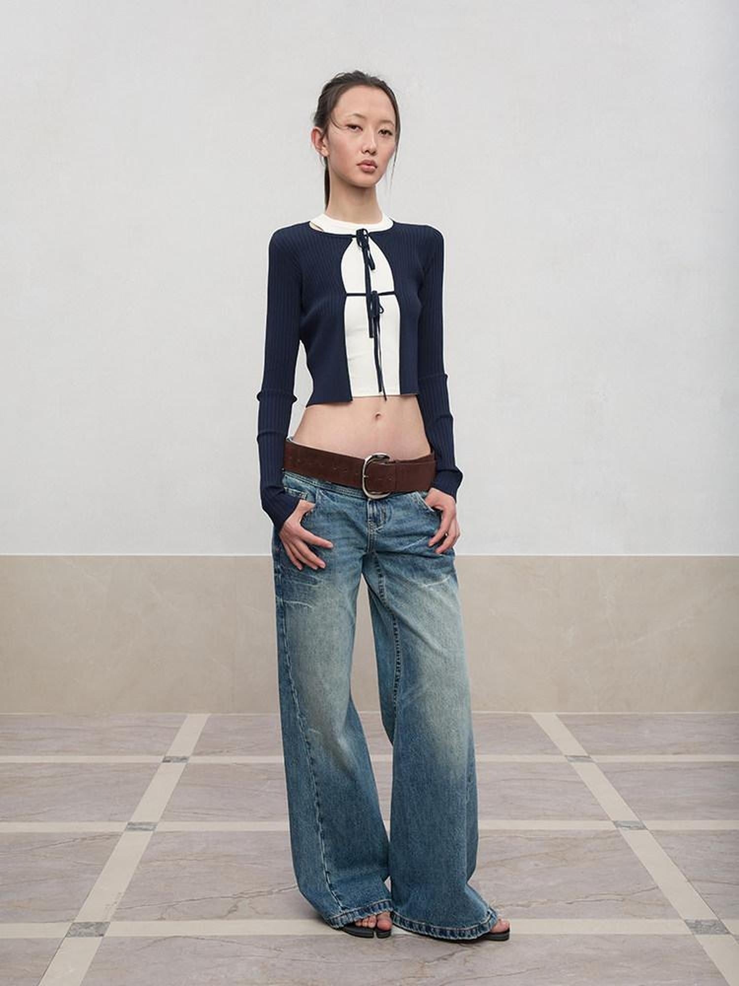 RUN TO THE FUTURE Tie Front Slim Fit Knit Bell Sleeve Cardigan Office Solid T Shirt Crop Tops
