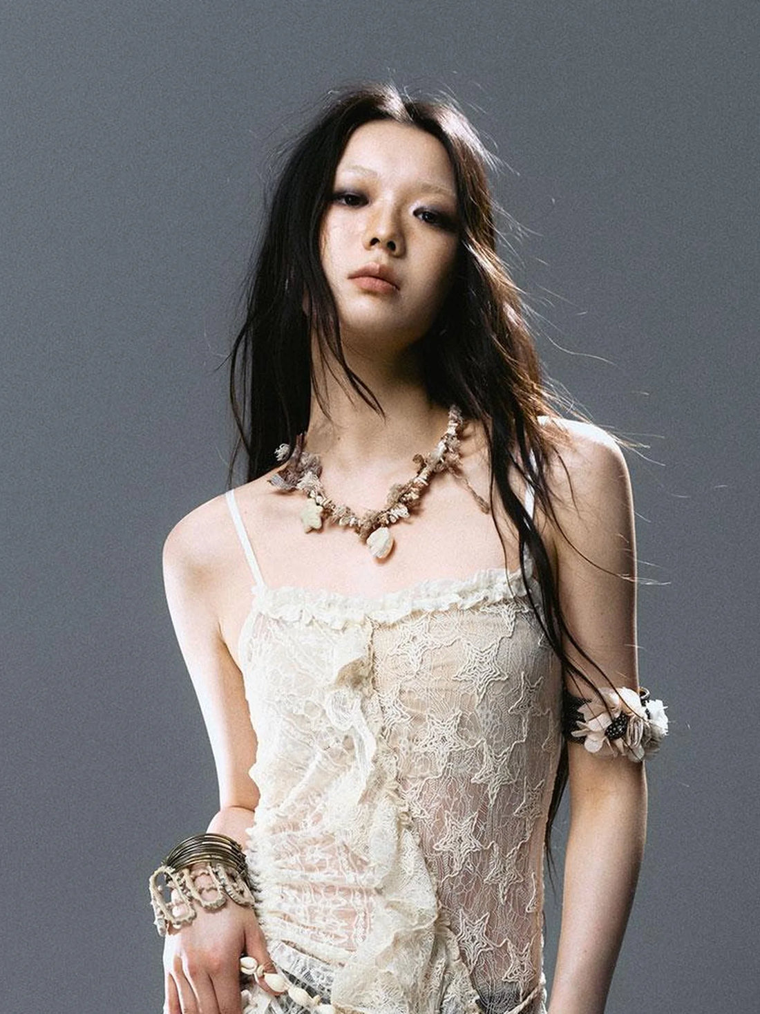 Asymmetric Pleat Lace Mesh Slip Dress